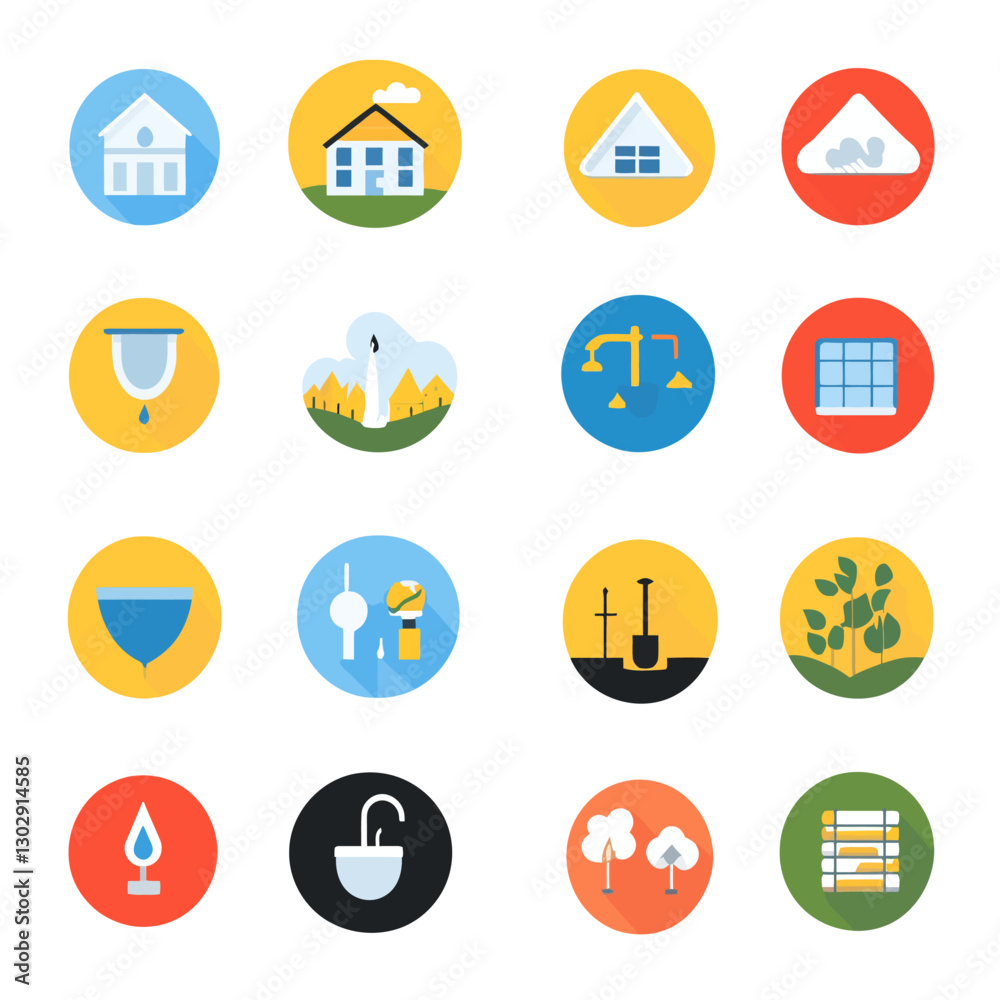 Flat Design Vector Icon Set: House, Scales, Candle, Plants, Shovel, More Flat Design Vector Icon Set: House, Scales, Candle, Plants, Shovel, More