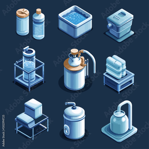 Isometric Water Purification System with Filtration Devices and Clean Tech
