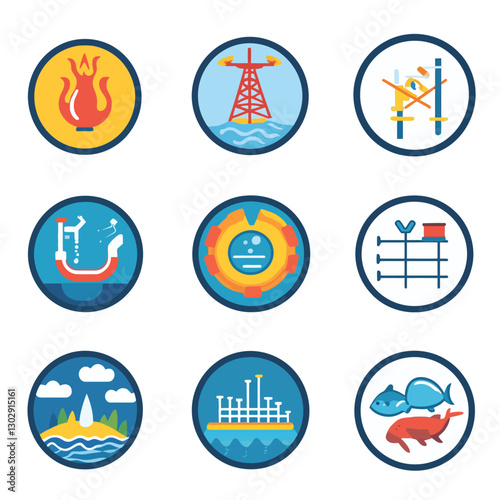 Energy Production & Natural Resources Icons with Fire, Power Lines, Fish