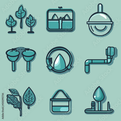 Sustainable solutions icons on blue for ecology and conservation design.