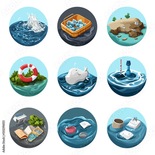 Environmental Pollution Set Featuring Water, Plastic, and Marine Wildlife