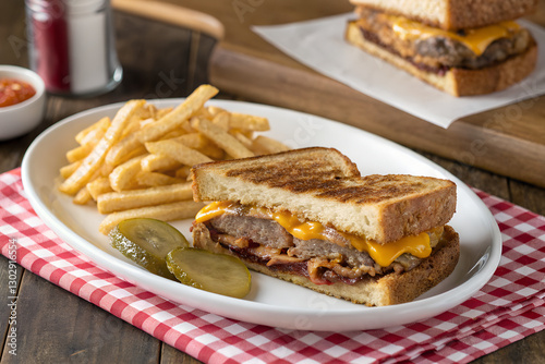 diner-style presentation of a Whataburger patty melt on a white plate with a red gingham napkin. The sandwich is sliced in half to reveal layers of melted cheese, beef, and onions, paired with a side photo