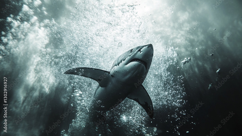 Obraz premium Majestic Great White Shark Gliding Through Deep Waters Surrounded by Bubbles