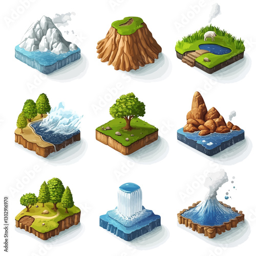 Isometric Nature Landscape Elements: Mountain, Volcano, Waterfall and Lake