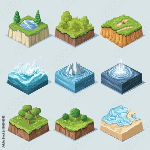 Isometric game environment landscape elements with water and terrain tiles