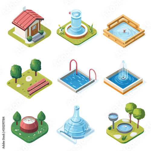 Isometric icons featuring house, swimming pool, fountains and park views