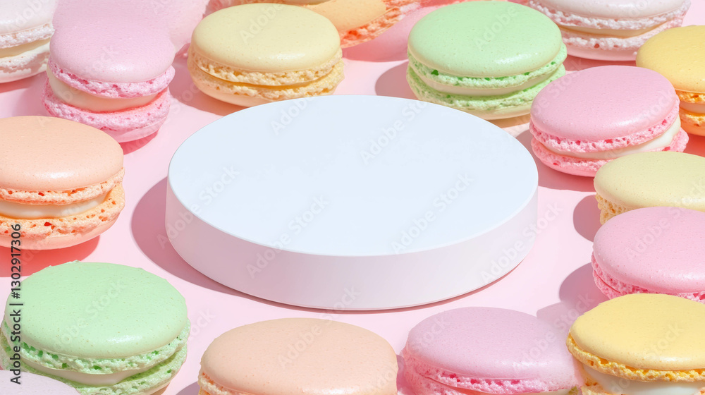 White circular podium surrounded by colorful macarons on a pastel background White circular podium surrounded by colorful macarons on a pastel background