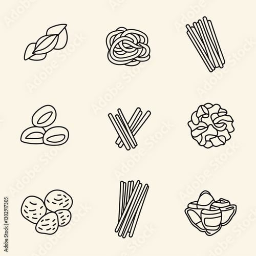 Assorted Pasta Types: Vector Line Art of Italian Cuisine Delights