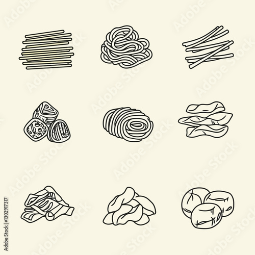 Various pasta types, hand-drawn illustration of Italian cuisine staples