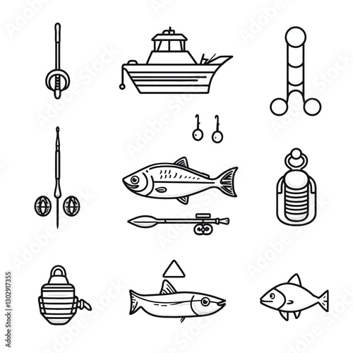 Fishing gear outline icons vector illustration featuring fish and boat