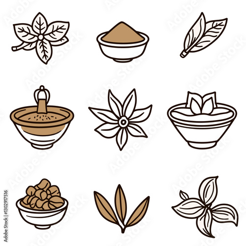 Spice Ingredients Line Art: Mint, Ground Spice, Bay Leaf, Star Anise