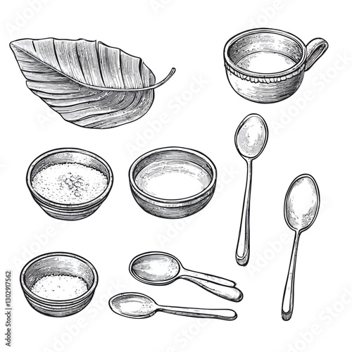 Hand-Drawn Kitchenware: Leaf, Bowls, Spoons, and Cup - Vintage Style Art