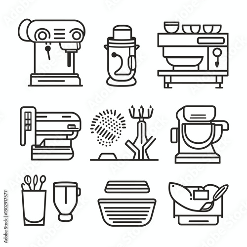 Kitchen Appliance and Utensil Line Art on White for Culinary Design