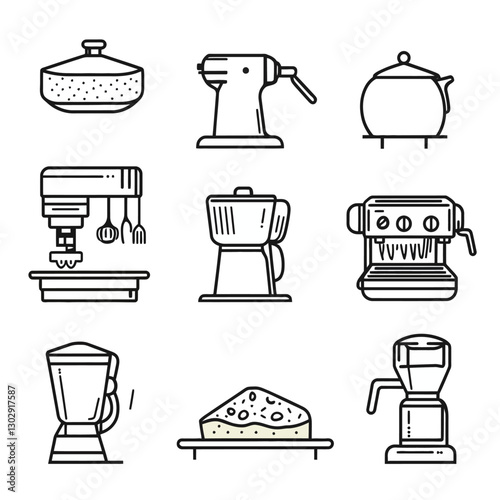 Kitchen appliance vector line drawing: mixer, blender, coffee machine