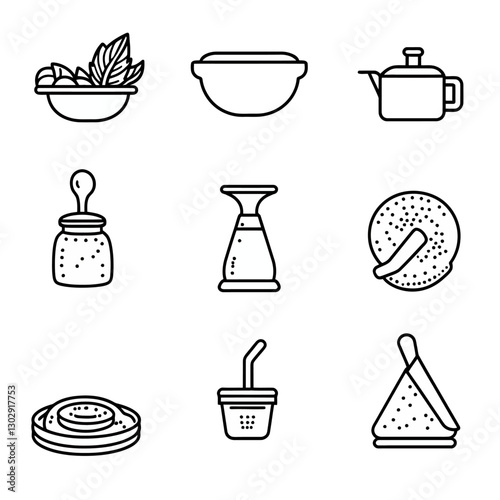 Black and White Line Art Icons of Kitchen and Cooking Utensils