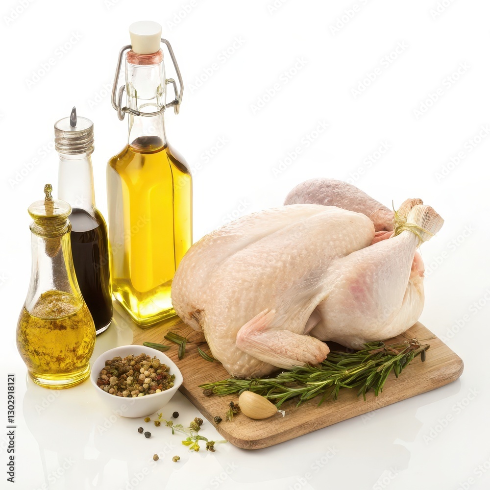 Uncooked Chicken with Cooking Oils and Herbs on Wooden Board Uncooked Chicken with Cooking Oils and Herbs on Wooden Board