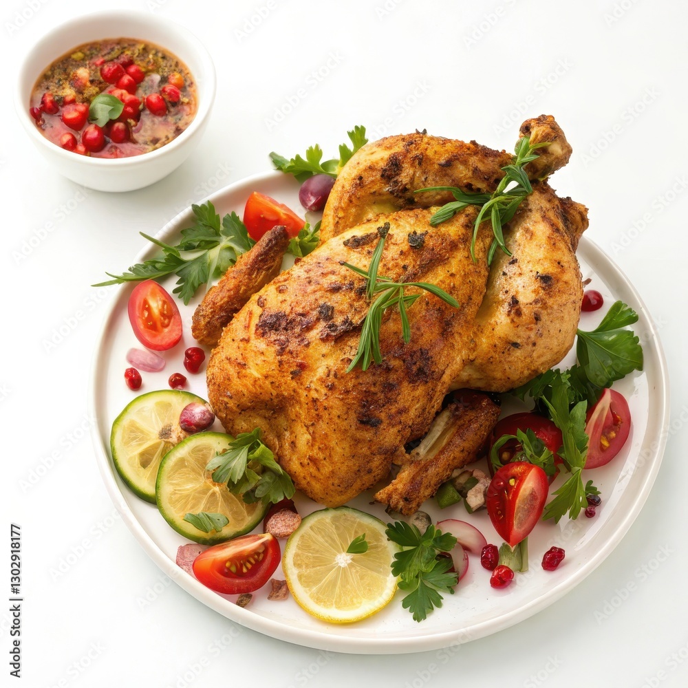 Tantalizing Middle Eastern Chicken Dish with Fresh Vegetables and Vibrant Garnishes Tantalizing Middle Eastern Chicken Dish with Fresh Vegetables and Vibrant Garnishes