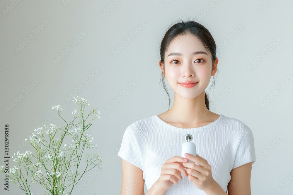 Young woman in white top holding a product, surrounded by floral decor in a bright setting.