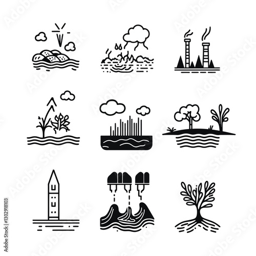 Ecological impact icon set: pollution, renewable energy, and sustainability