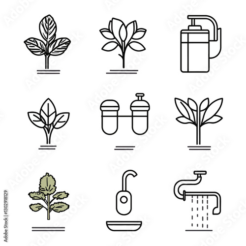 Hydroponics Icon Set in Minimal Line Art Style, Plant and Water Systems