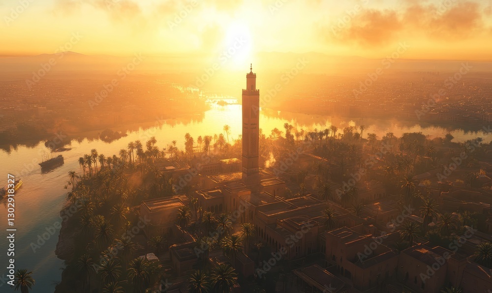 Fototapeta premium Golden mosque overlooking a river at sunset.