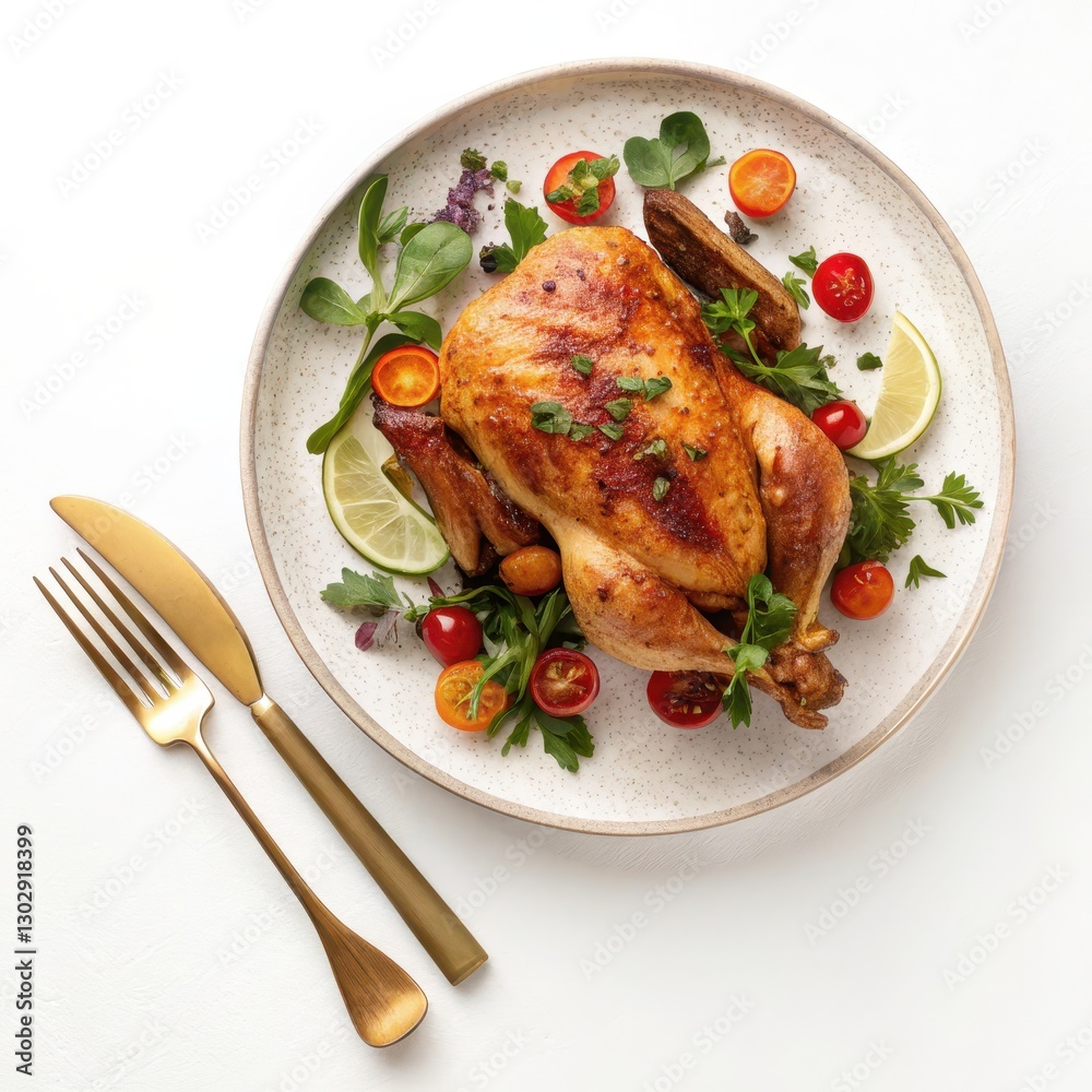 Savory Roasted Chicken Dish Arranged on Plate with Garnishes and Cutlery Savory Roasted Chicken Dish Arranged on Plate with Garnishes and Cutlery