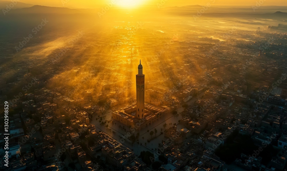 Fototapeta premium Golden sunlight illuminates mosque minaret city.