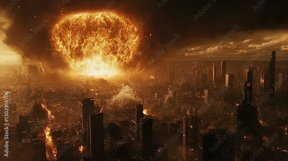 custom made wallpaper toronto digitalA dramatic cinematic depiction of a massive nuclear explosion over a city, with a fiery mushroom cloud dominating the skyline.
