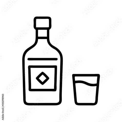 Minimalistic black vector icon of a whiskey bottle and glass