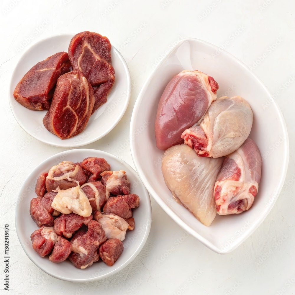 Assortment of Chicken Giblets on White Plates for Culinary Assortment of Chicken Giblets on White Plates for Culinary