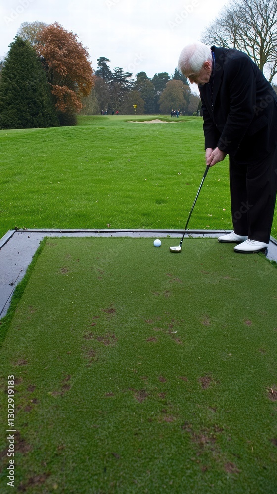 Fototapeta premium Senior Man Practicing Golf Swing on the Green Fairway Under Overcast Sky in a Golf Course