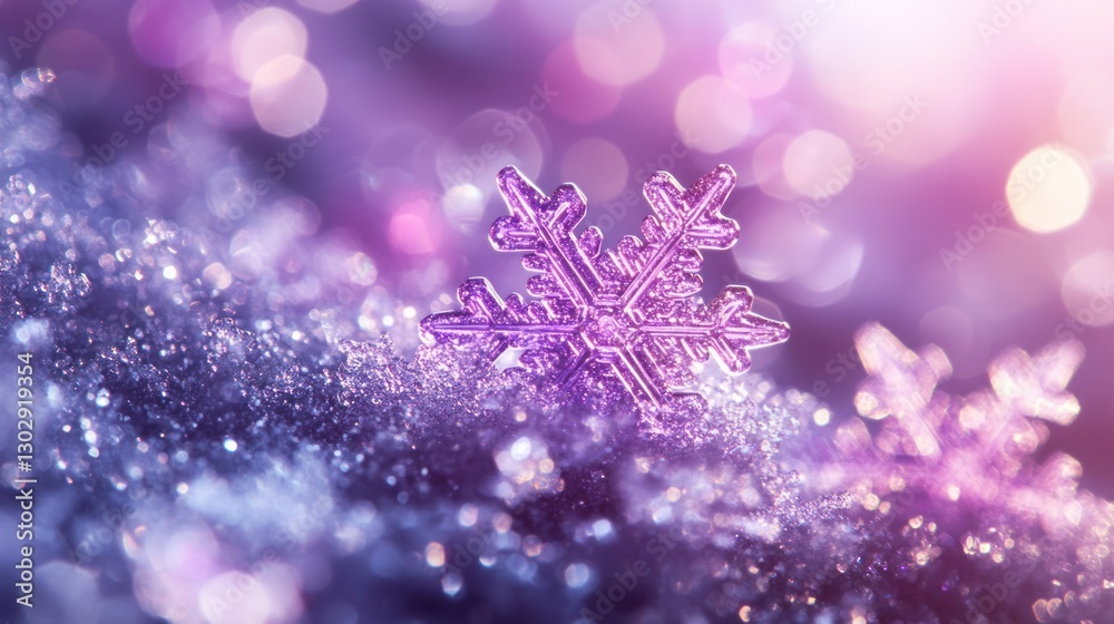 Fototapeta premium Macro Shot of Snowflake with Purple Bokeh Background for Winter Themes