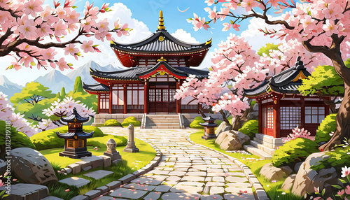 Traditional Japanese pagoda with sakura trees in spring