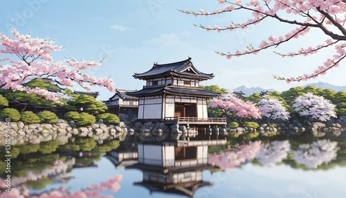 Traditional Japanese pagoda by a lake with blooming sakura trees