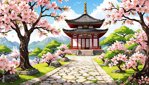 Traditional Japanese pagoda with sakura trees in spring