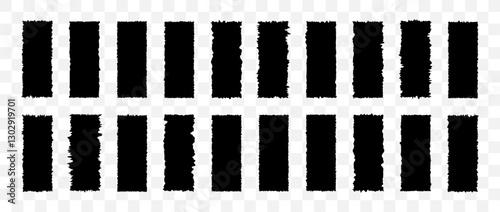 Black rectangle form with jagged edges. Ripped and cutout paper torn strip. Set of Vertical Grunge Frames. Vector illustration isolated on transparent background.