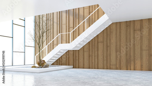 Japanese style empty room with modern stairs. Polished floor and wood slat wall. There is a leafless tree on the side. 3D rendering