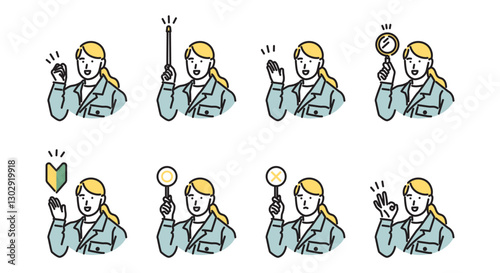 シンプル　イラスト　作業着の女性のバリエーション　人物セット