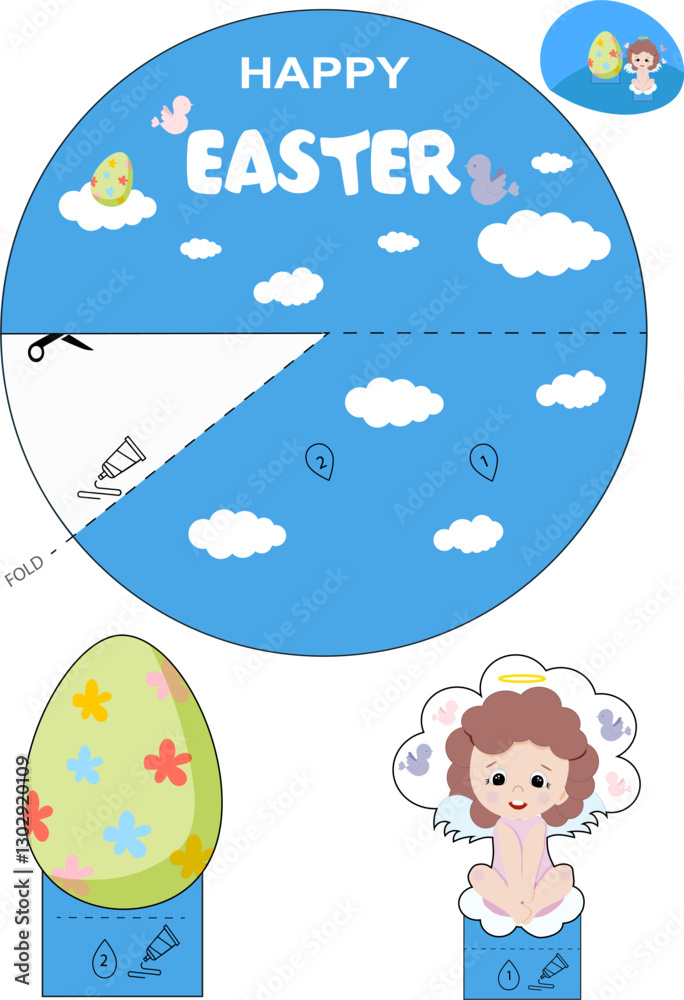 3D Easter card. Vector card for creativity on the theme of Easter with an angel and an egg. This card can be cut out and glued with children or loved ones. 3D Easter card. Vector card for creativity on the theme of Easter with an angel and an egg. This card can be cut out and glued with children or loved ones.