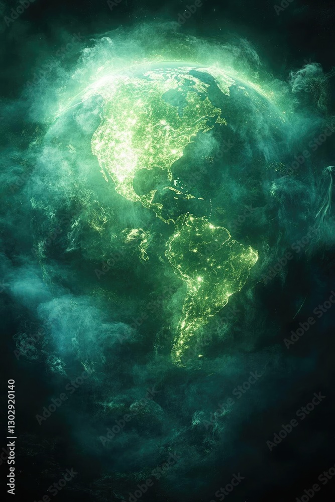 Fototapeta premium A glowing representation of Earth surrounded by ethereal green mist, symbolizing environmental awareness
