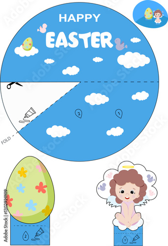 3D Easter card. Vector card for creativity on the theme of Easter with an angel and an egg. This card can be cut out and glued with children or loved ones.