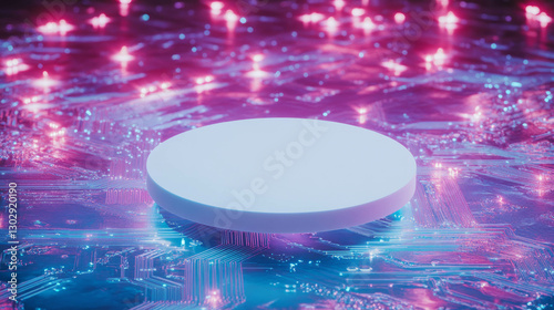 Futuristic white circular podium on glowing circuit board for technology display