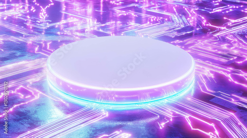Futuristic neon glowing circuitry with white circular podium concept for technology display