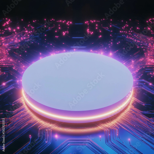 Futuristic neon glowing podium with digital circuitry background