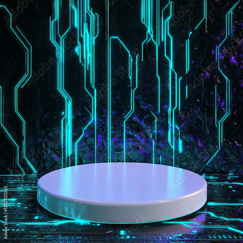 Futuristic digital podium with neon glowing circuitry for tech display and presentation