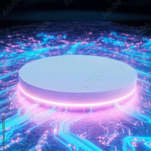 Futuristic neon circular podium on digital circuitry surface