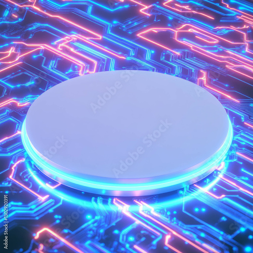 Futuristic technology concept with white circular podium on neon circuit board background
