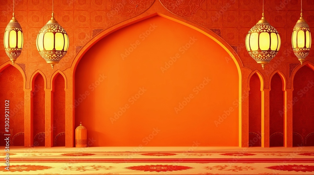 Obraz premium Orange Mosque Interior: A serene and spacious interior of a mosque, featuring rich orange walls, ornate arches, and hanging lanterns. The scene evokes a sense of peace and spirituality.