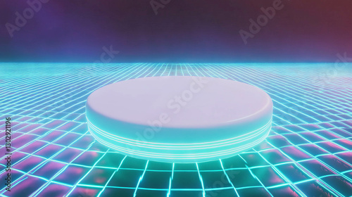 Futuristic neon grid with circular white podium for modern design concepts