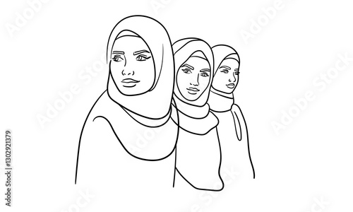 Young 3 muslim womans in burqa, continuous line art drawing. Oriental girl in traditional clothes. Vector illustration isolated on white background 